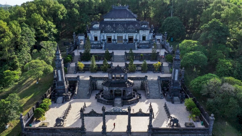 Khai Dinh Tomb is situated approximately 10 kilometers south of Hue city center on Chau Chu Mountain